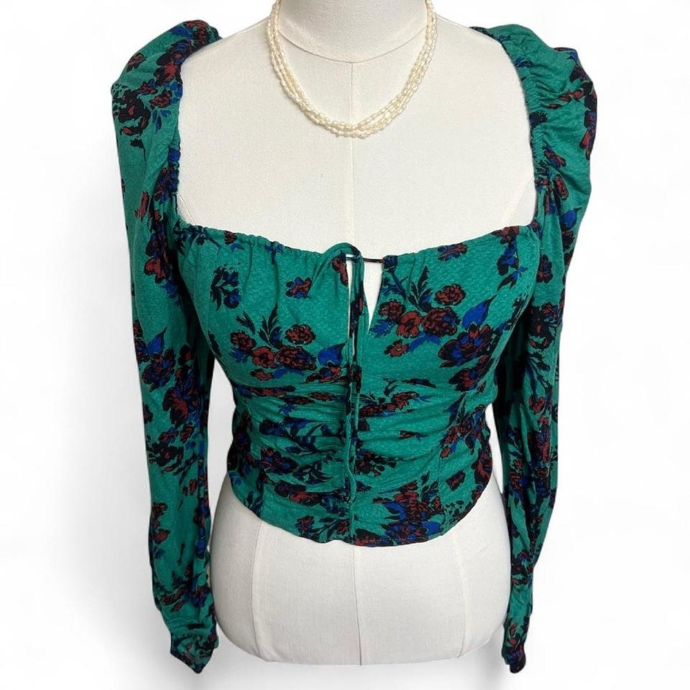 Free People dark green floral long sleeve blouse red blue fairy boho cottagecore